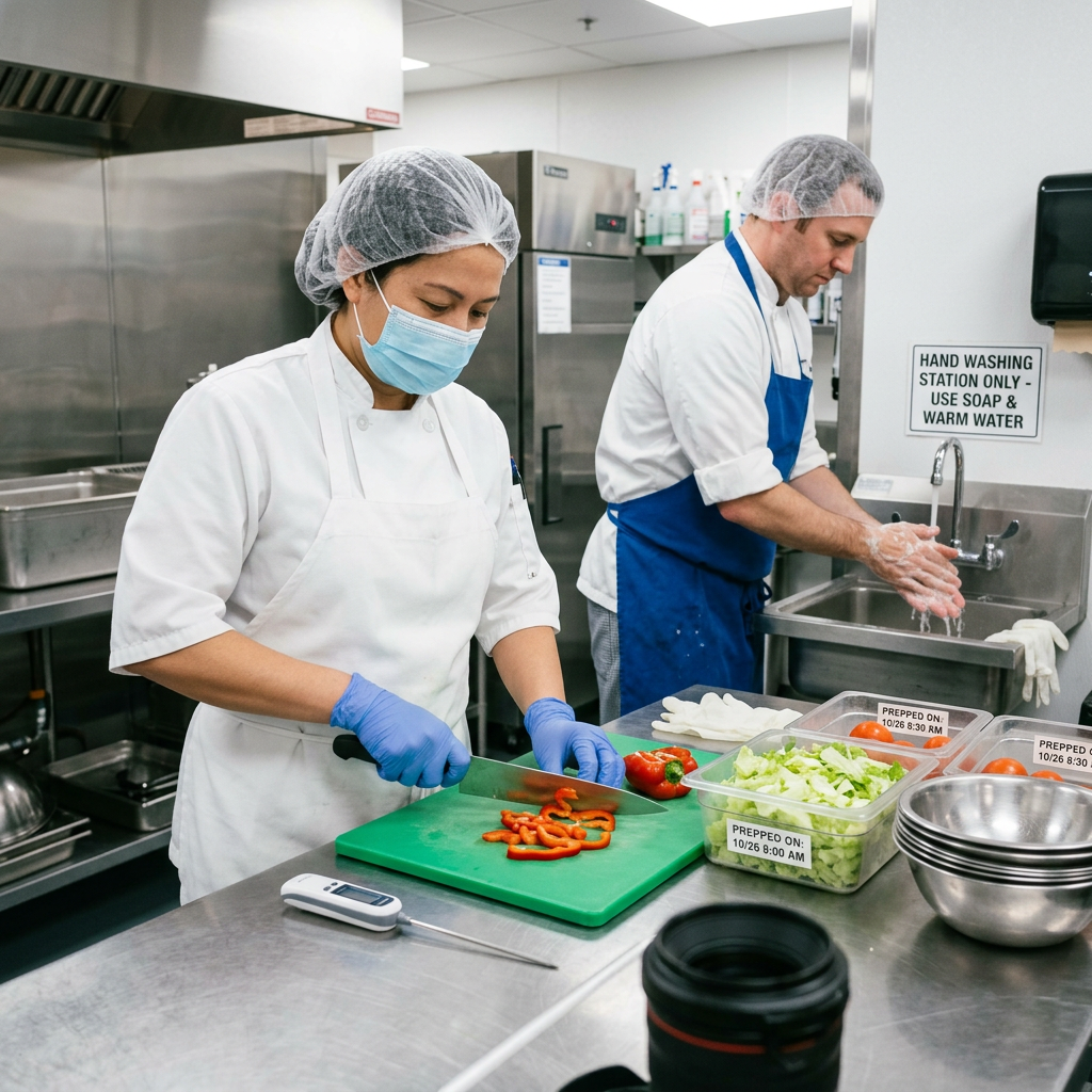 Two kitchen workers prepare vegetables and wash hands in a commercial kitchen