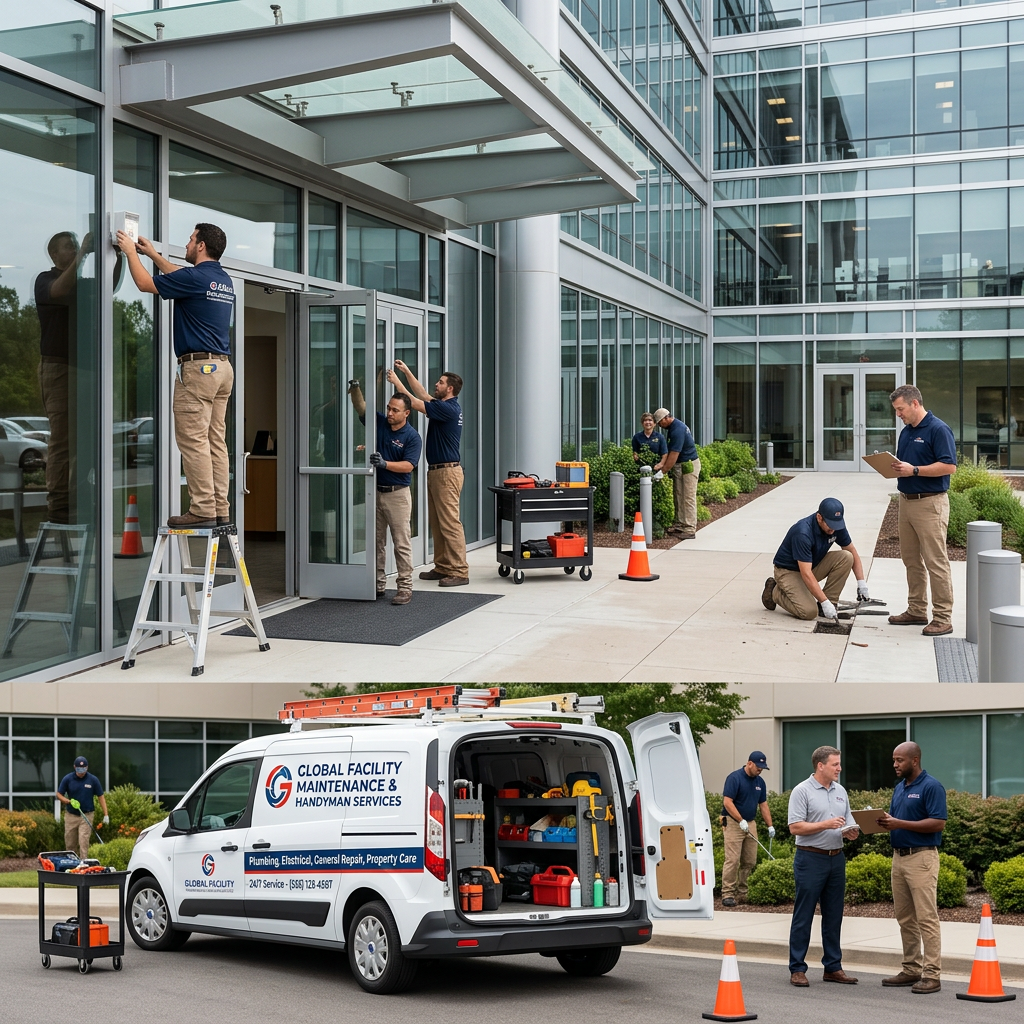 Maintenance workers servicing a modern office; van reads Global Facility Maintenance & Handyman Services.