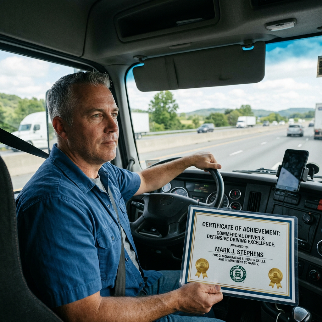 Commercial driver holding certificate reading "CERTIFICATE OF ACHIEVEMENT: COMMERCIAL DRIVER & DEFENSIVE DRIVING EXCELLENCE. AWARDED TO: MARK J. STEPHENS FOR DEMONSTRATING SUPERIOR SKILLS AND COMMITMENT TO SAFETY."