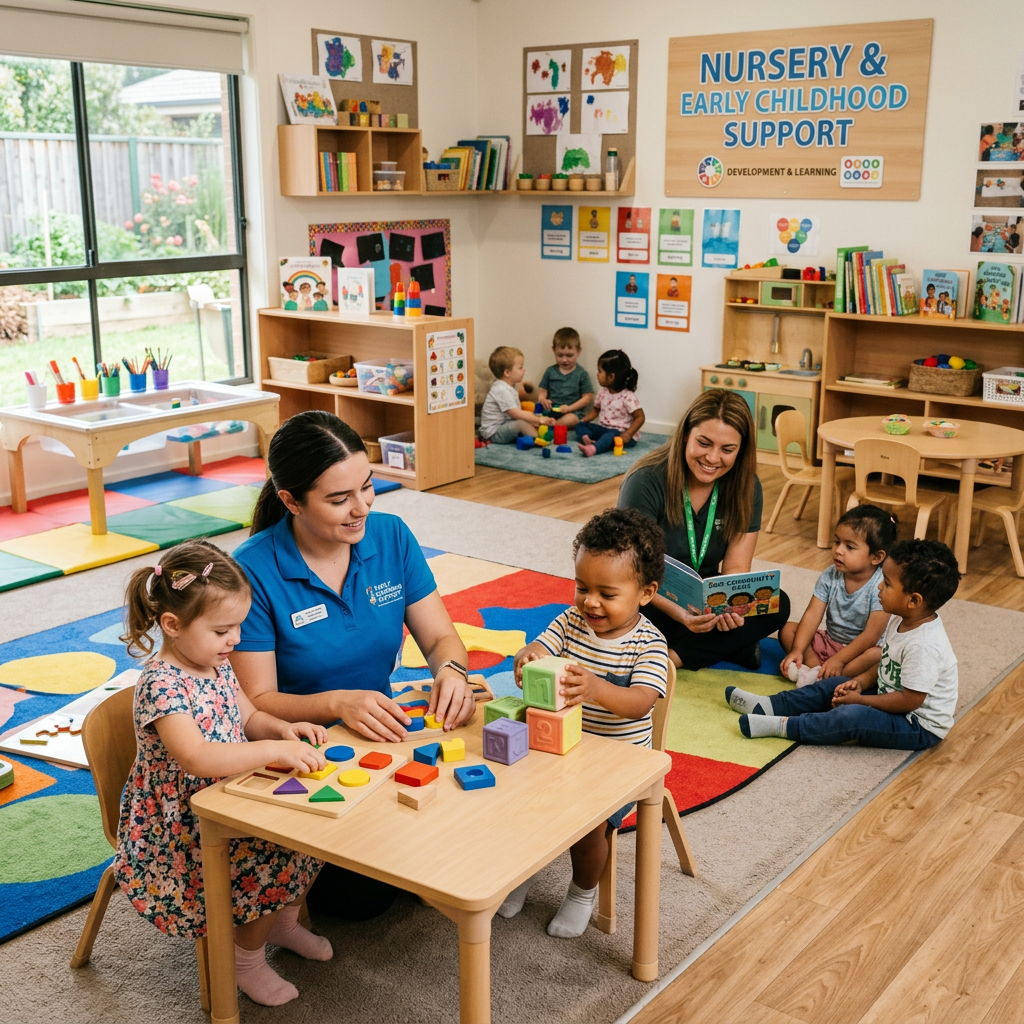 Children playing with educational toys while educators support learning in a classroom